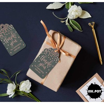 Obrigado Por Celebrar Comigo, Etiquetas de Papel para Lembrancinha de Aniversário com Foil Artesanal para Pendurar - Inkdotpot 100 Etiquetas Metalizadas / Cinza - Ouro Rosé