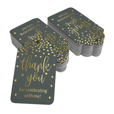 Obrigado Por Celebrar Comigo, Etiquetas de Papel para Lembrancinha de Aniversário com Foil Artesanal para Pendurar - Inkdotpot 100 Etiquetas Metalizadas / Cinza - Ouro Rosé