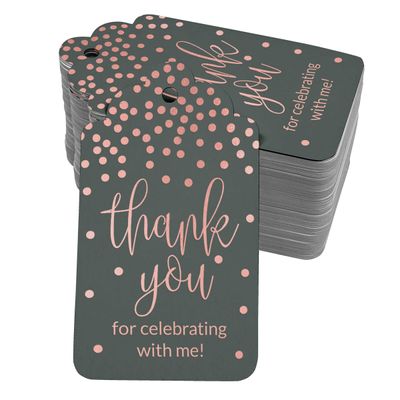 Obrigado Por Celebrar Comigo, Etiquetas de Papel para Lembrancinha de Aniversário com Foil Artesanal para Pendurar - Inkdotpot 100 Etiquetas Metalizadas / Cinza - Ouro Rosé