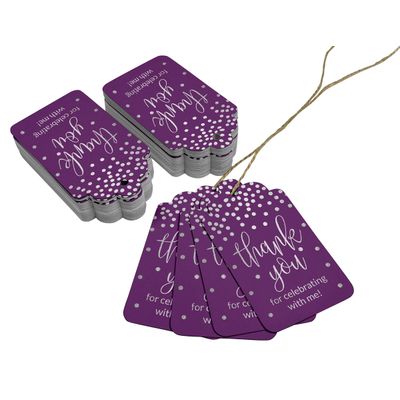Obrigado Por Celebrar Comigo, Etiquetas de Papel para Lembrancinha de Aniversário com Foil Artesanal para Pendurar - Inkdotpot 100 Etiquetas Metalizadas / Roxo - Prata