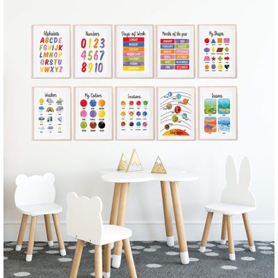 Traceease 10 Cartazes Educativos Laminados para Sala, Pré-Escola e Ensino em Casa — Alfabeto, Números, Meses, Emoções, Cores - IBA Crafts 22,86 Cm × 30,48 Cm / Multicolorido