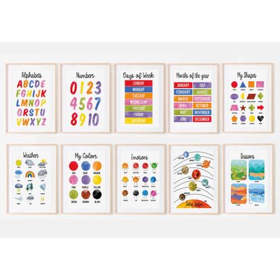 Traceease 10 Cartazes Educativos Laminados para Sala, Pré-Escola e Ensino em Casa — Alfabeto, Números, Meses, Emoções, Cores - IBA Crafts 22,86 Cm × 30,48 Cm / Multicolorido