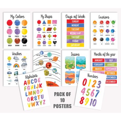 Traceease 10 Cartazes Educativos Laminados para Sala, Pré-Escola e Ensino em Casa — Alfabeto, Números, Meses, Emoções, Cores - IBA Crafts 22,86 Cm × 30,48 Cm / Multicolorido