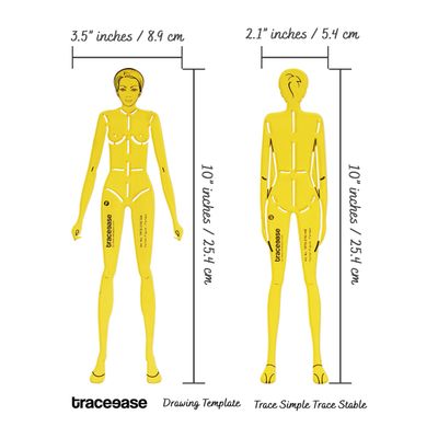 Conjunto de 2 Estênceis de Figura Feminina Frente e Verso para Alinhamento de Proporções, Planejamento de Esboço e Referência - Traceease 25,4 Cm / Amarelo
