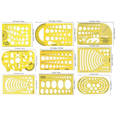 Gabaritos Geométricos de Múltiplas Formas, Estênceis de Desenho e Régua Medidora - Pacote com 9 Peças - Traceease Amarelo