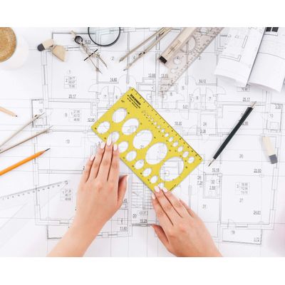 Gabaritos Geométricos de Múltiplas Formas, Estênceis de Desenho e Régua Medidora - Pacote com 9 Peças - Traceease Amarelo