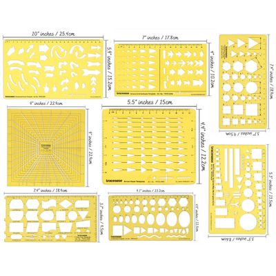 Estêncil Multi-Padrão de Flechas Multiuso, Molde Técnico para Fluxogramas e Símbolos Gráficos, Régua de Desenho, Conjunto de 8 - Traceease Amarelo