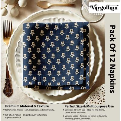 Guardanapos de Musselina de Algodão, Estampa Floral Azul em Bloco, Conj. 12, 51 cm, Para Jantar e Decoração, Laváveis à Máquina - Vargottam 50,8 Cm × 50,8 Cm – Pacote Com 12 Peças / Azul