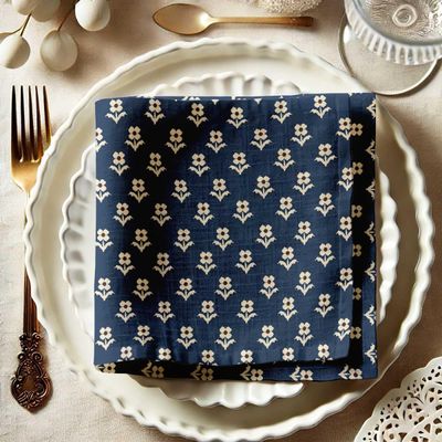 Guardanapos de Musselina de Algodão, Estampa Floral Azul em Bloco, Conj. 12, 51 cm, Para Jantar e Decoração, Laváveis à Máquina - Vargottam 50,8 Cm × 50,8 Cm – Pacote Com 12 Peças / Azul