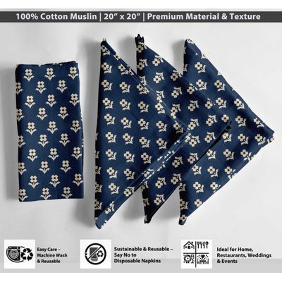 Guardanapos de Musselina de Algodão, Estampa Floral Azul em Bloco, Conj. 12, 51 cm, Para Jantar e Decoração, Laváveis à Máquina - Vargottam 50,8 Cm × 50,8 Cm – Pacote Com 12 Peças / Azul