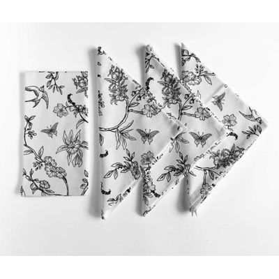 Guardanapos de Canvas de Algodão Charme Étnico com Pássaros e Folhas, Kit 12, 51 cm, Preto/Branco, para Ação de Graças, Lavável - Vargottam 50,8 Cm × 50,8 Cm – Pacote Com 12 Peças / Preto