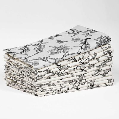 Guardanapos de Canvas de Algodão Charme Étnico com Pássaros e Folhas, Kit 12, 51 cm, Preto/Branco, para Ação de Graças, Lavável - Vargottam 50,8 Cm × 50,8 Cm – Pacote Com 12 Peças / Preto