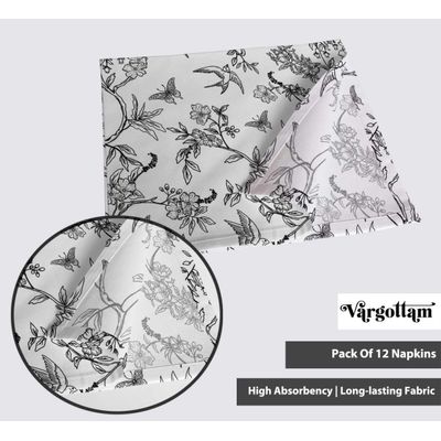 Guardanapos de Canvas de Algodão Charme Étnico com Pássaros e Folhas, Kit 12, 51 cm, Preto/Branco, para Ação de Graças, Lavável - Vargottam 50,8 Cm × 50,8 Cm – Pacote Com 12 Peças / Preto