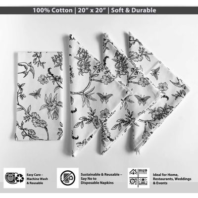 Guardanapos de Canvas de Algodão Charme Étnico com Pássaros e Folhas, Kit 12, 51 cm, Preto/Branco, para Ação de Graças, Lavável - Vargottam 50,8 Cm × 50,8 Cm – Pacote Com 12 Peças / Preto