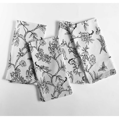 Guardanapos de Canvas de Algodão Charme Étnico com Pássaros e Folhas, Kit 12, 51 cm, Preto/Branco, para Ação de Graças, Lavável - Vargottam 50,8 Cm × 50,8 Cm – Pacote Com 12 Peças / Preto