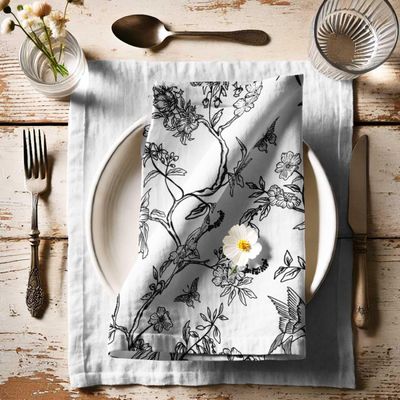 Guardanapos de Canvas de Algodão Charme Étnico com Pássaros e Folhas, Kit 12, 51 cm, Preto/Branco, para Ação de Graças, Lavável - Vargottam 50,8 Cm × 50,8 Cm – Pacote Com 12 Peças / Preto