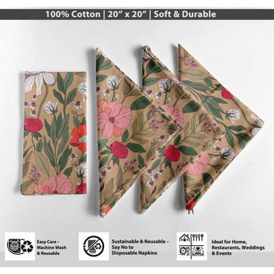 Guardanapos Canvas de Algodão Bege, Jogo com 12, 51 cm, Estampa Floral, Duráveis, Absorventes para Jantar, Festas e Decoração - Vargottam 50,8 Cm × 50,8 Cm – Pacote Com 12 Peças / Bege