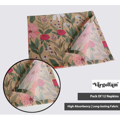 Guardanapos Canvas de Algodão Bege, Jogo com 12, 51 cm, Estampa Floral, Duráveis, Absorventes para Jantar, Festas e Decoração - Vargottam 50,8 Cm × 50,8 Cm – Pacote Com 12 Peças / Bege