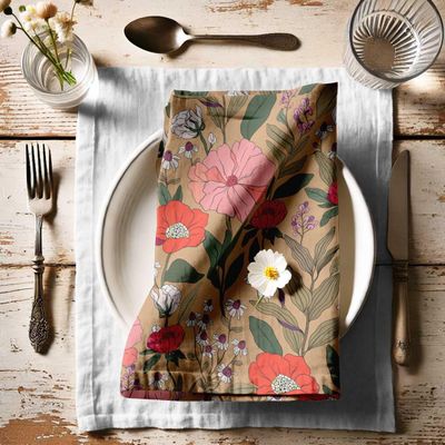 Guardanapos Canvas de Algodão Bege, Jogo com 12, 51 cm, Estampa Floral, Duráveis, Absorventes para Jantar, Festas e Decoração - Vargottam 50,8 Cm × 50,8 Cm – Pacote Com 12 Peças / Bege