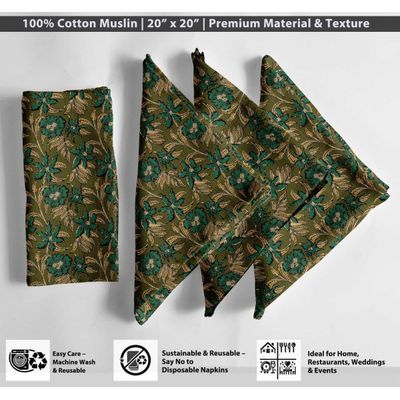 Guardanapos Musselina Algodão Floral Vintage Verde, Conj.12(51 cm), Absorventes, para Jantar e Decoração - Lavável na Máquina - Vargottam 50,8 Cm × 50,8 Cm – Pacote Com 12 Peças / Verde
