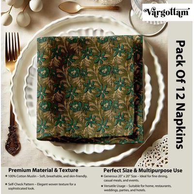 Guardanapos Musselina Algodão Floral Vintage Verde, Conj.12(51 cm), Absorventes, para Jantar e Decoração - Lavável na Máquina - Vargottam 50,8 Cm × 50,8 Cm – Pacote Com 12 Peças / Verde