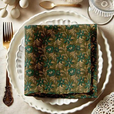 Guardanapos Musselina Algodão Floral Vintage Verde, Conj.12(51 cm), Absorventes, para Jantar e Decoração - Lavável na Máquina - Vargottam 50,8 Cm × 50,8 Cm – Pacote Com 12 Peças / Verde