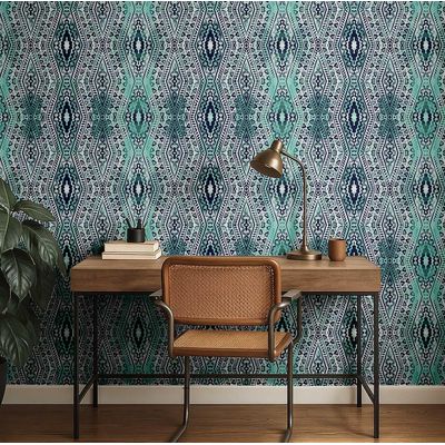 Papel de Parede Adesivo Boho Geométrico Diamante, Vinil Impermeável, Verde, Removível para Quarto e Sala - S4Sassy 63,5 cm (L) × 914,4 cm (C) / Verde - Vinil Liso