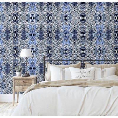 Papel de Parede Adesivo Boho Geométrico Diamante, Vinil Impermeável, Azul, Removível para Quarto e Sala - S4Sassy 63,5 cm (L) × 609,6 cm (C) / Azul - Vinil Liso