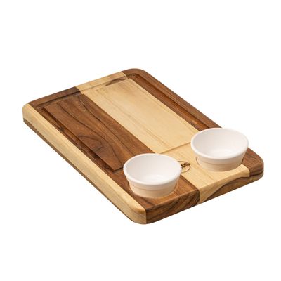 Tábua Retangular com 2 Ramequins Brancos 30x19cm em Madeira Teca - Linha Wooden Glow VEM