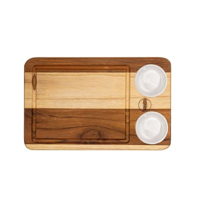 Tábua Retangular com 2 Ramequins Brancos 30x19cm em Madeira Teca - Linha Wooden Glow VEM