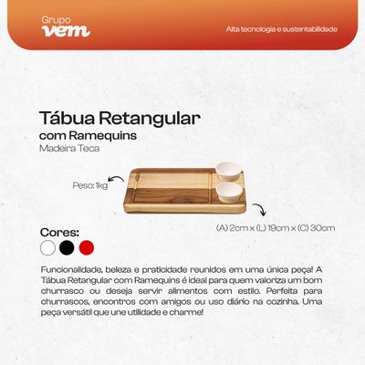Tábua Retangular com 2 Ramequins Brancos 30x19cm em Madeira Teca - Linha Wooden Glow VEM