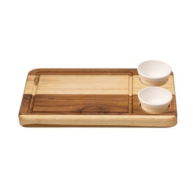 Tábua Retangular com 2 Ramequins Brancos 30x19cm em Madeira Teca - Linha Wooden Glow VEM