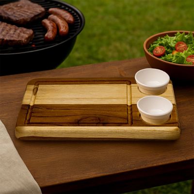 Tábua Retangular com 2 Ramequins Brancos 30x19cm em Madeira Teca - Linha Wooden Glow VEM