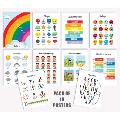 Traceease 10 Cartazes Laminados Sala de Aula/Jardim/Ensino Domiciliar/Bebê - ABC, Números, Formas, Emoções, Tempo - IBA Crafts 27,94 Cm × 43,18 Cm / Multicolorido