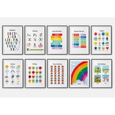 Traceease 10 Cartazes Laminados Sala de Aula/Jardim/Ensino Domiciliar/Bebê - ABC, Números, Formas, Emoções, Tempo - IBA Crafts 27,94 Cm × 43,18 Cm / Multicolorido