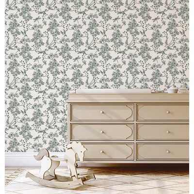 Papel de Parede Autoadesivo Jardim com Pássaros e Libélulas, Verde, Vinil Removível DIY, Papel Contact para Parede de Entrada - S4sassy 63,5 cm (L) × 609,6 cm (C) / Verde - Vinil Texturizado