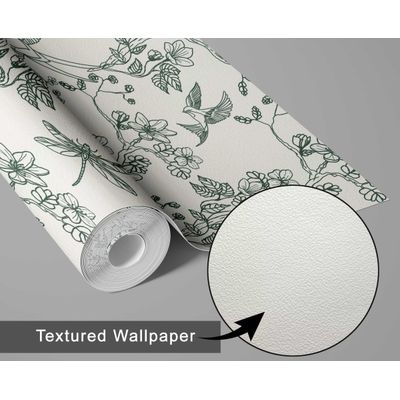 Papel de Parede Autoadesivo Jardim com Pássaros e Libélulas, Verde, Vinil Removível DIY, Papel Contact para Parede de Entrada - S4sassy 63,5 cm (L) × 609,6 cm (C) / Verde - Vinil Texturizado