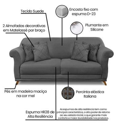 Sofá 3 Lugares Pé De Madeira Julieta 220 Cm Suede S04 - D'rossi Cor Cinza