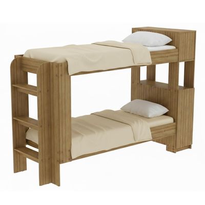 Cama Beliche Adulto Baú Superior Com Escadas Armário De 1 Porta E Prateleiras Internas Amêndoa