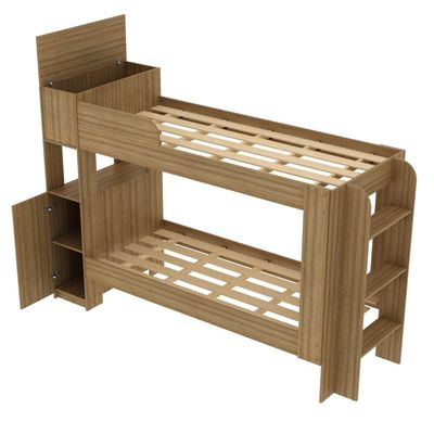 Cama Beliche Adulto Baú Superior Com Escadas Armário De 1 Porta E Prateleiras Internas Amêndoa