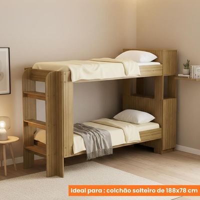 Cama Beliche Adulto Baú Superior Com Escadas Armário De 1 Porta E Prateleiras Internas Amêndoa