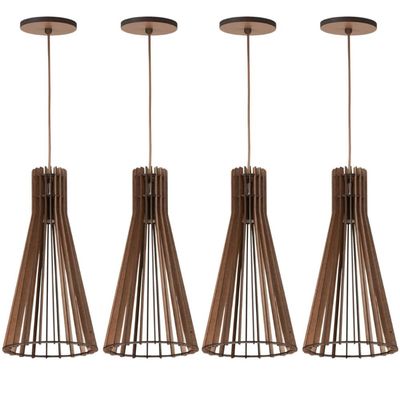 Kit 4 Luminárias de Teto Pendentes Iluminação Decorativa Cone MDF E27 Tiffany Dital