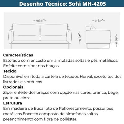 Sofá 3 Lugares Mh-4205 Herval 235 Cm (larg) Madeira Maciça Estofado Bege Base Laca Fosca Grafite