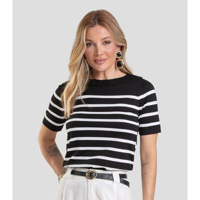 Blusa Feminina Em Tricot Listrado Dianna Preto GG / Preto