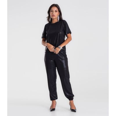 Blusa Feminina em Malha Plissada Cropped Dianna Preto P / Preto
