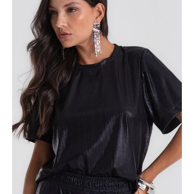 Blusa Feminina em Malha Plissada Cropped Dianna Preto P / Preto