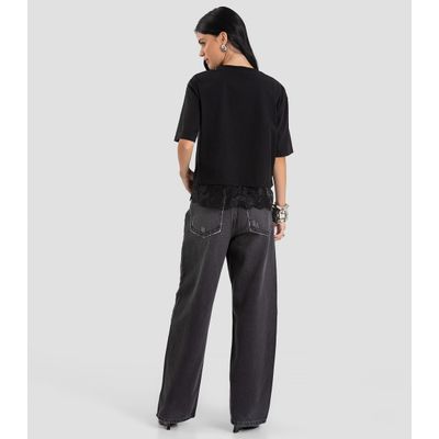 Blusa Feminina em Meia Malha com Renda Dianna Preto PP / Preto