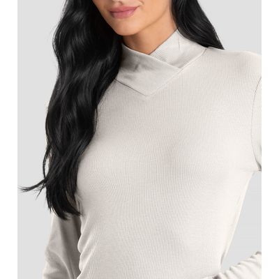 Blusa Feminina Gola Alta Cruzada Canelada Dianna Bege PP / Bege