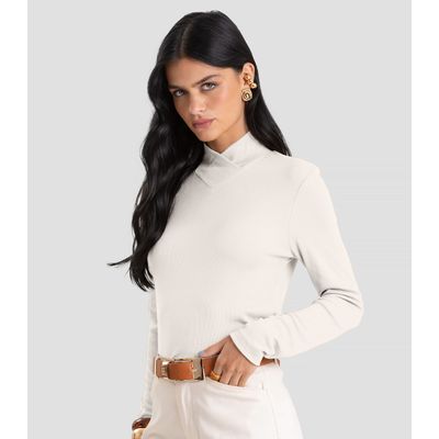 Blusa Feminina Gola Alta Cruzada Canelada Dianna Bege M / Bege