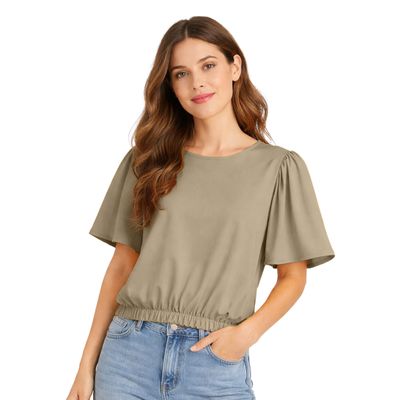 Blusa Feminina Com Franzido Na Manga Infinita Cor Bege G / Bege